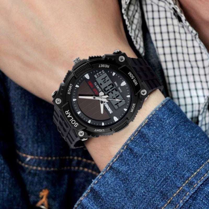 Skmei Men’s Solar Power LED Analogue Digital Alarm Sport Black Watch 1049