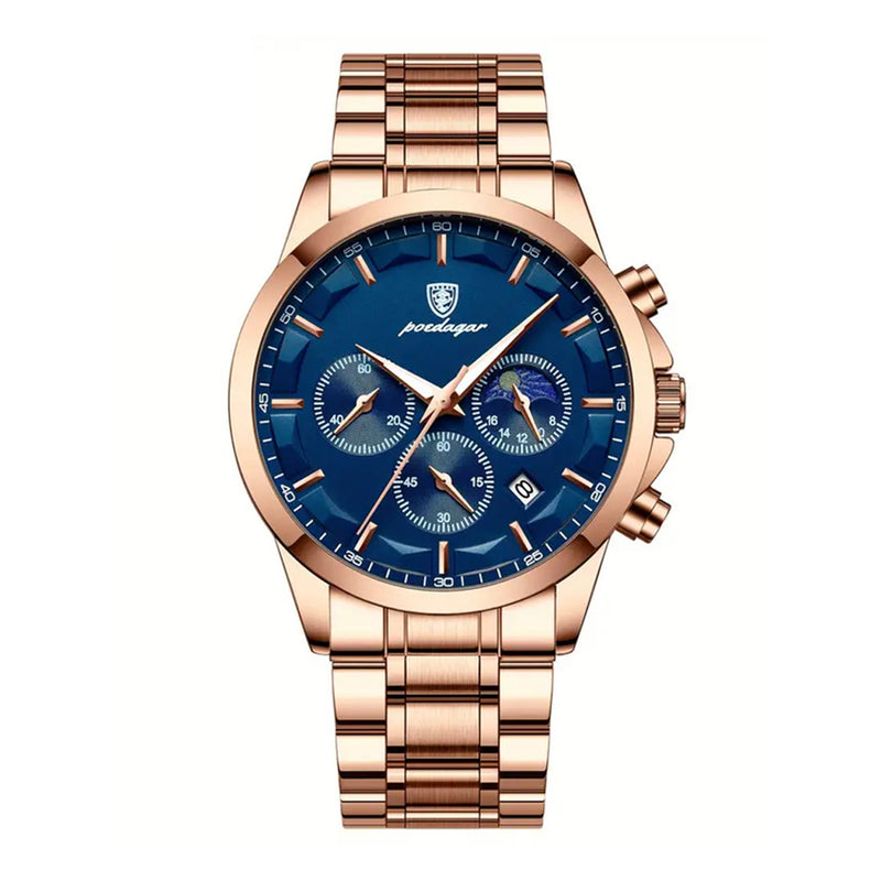 Poedagar Men’s Quartz Rose Gold Stainless Steel Band Blue Dial Watch - 928RGBUS
