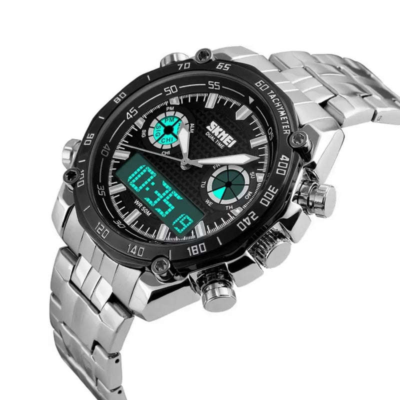 Skmei Men's Analog-Digital Luxury Dual Movement Stainless Steel Waterproof Watch 1204