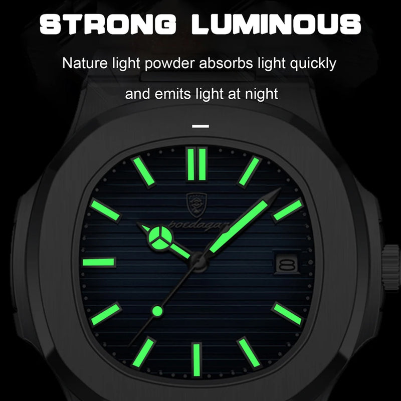 Poedagar Men’s Luminous Analog Quartz Stainless Steel Band Black Dial Wristwatch - 613SLBKS