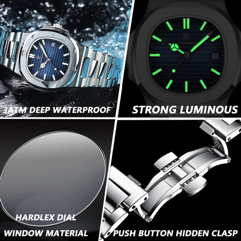 Poedagar Men’s Luminous Analog Quartz Stainless Steel Band Blue Dial Wristwatch - 613SLBUS