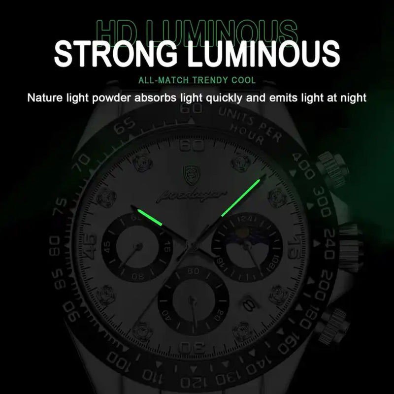 Poedagar Men’s Luminous Chronograph Stainless Steel Silver Dial Watch - 629SLWHS