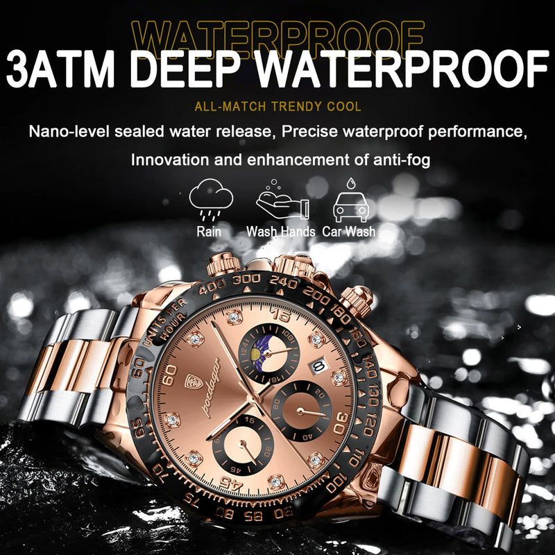 Poedagar Men’s Luminous Chronograph Stainless Steel Rose Gold Dial Watch - 629RGGDS