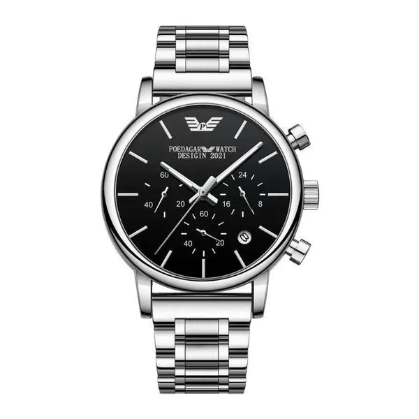 Poedagar Men’s Chronograph Silver Stainless Steel Black Dial Watch - 636SLBKS