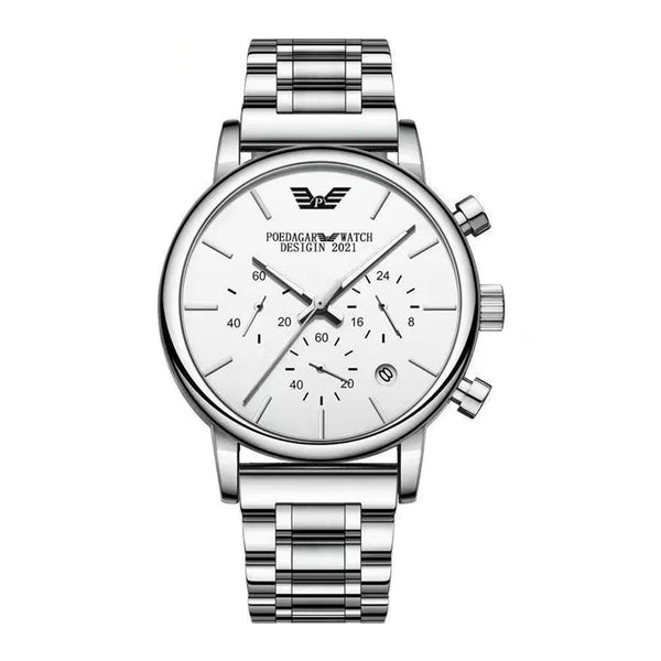 Poedagar Men’s Chronograph Silver Stainless Steel White Dial Watch - 636SLWHS