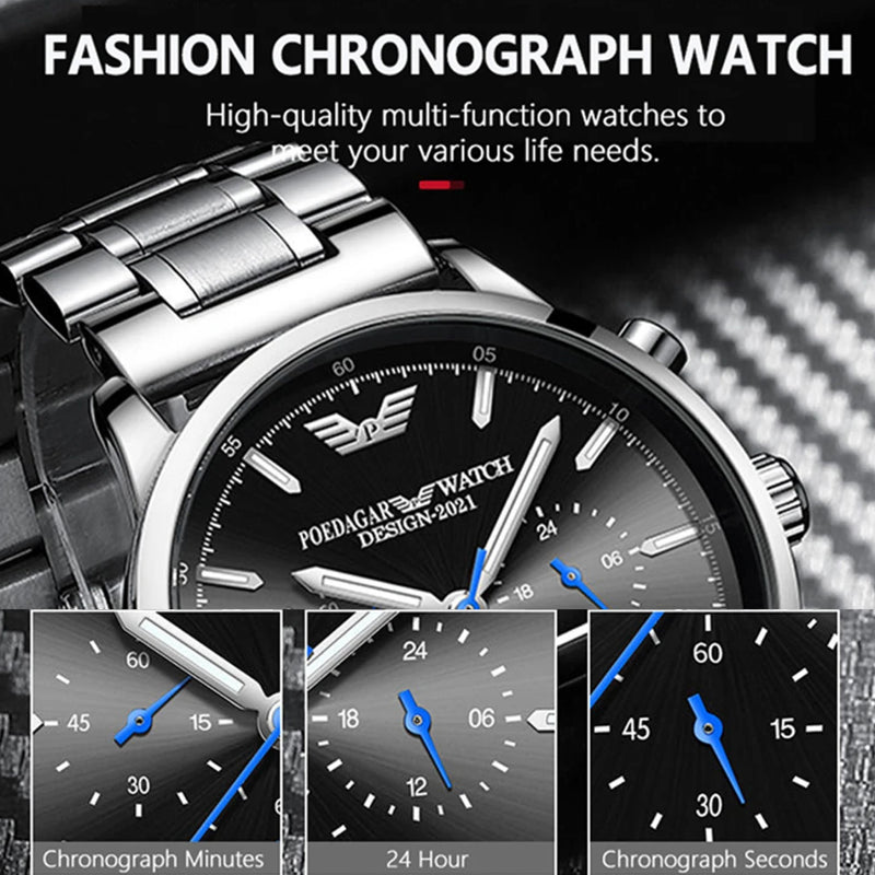 Poedagar Men’s Chronograph Black Stainless Steel Black Dial Watch - 638BKBKS