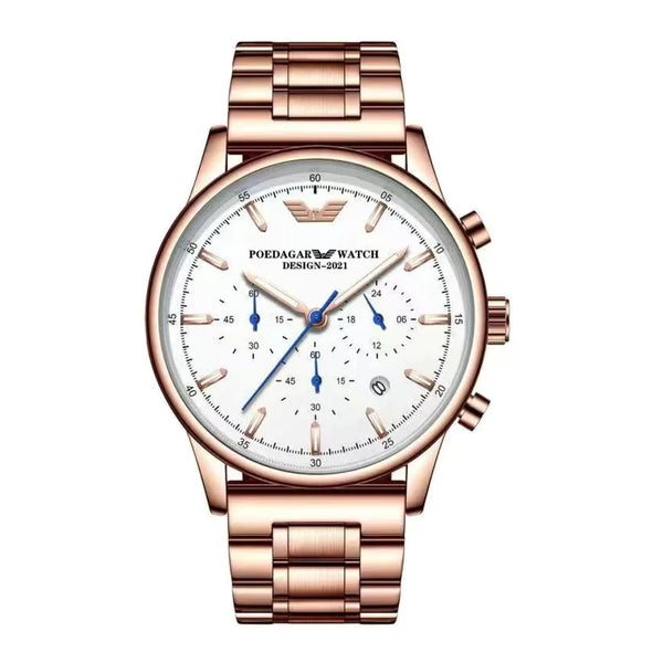 Poedagar Men’s Chronograph Rose Gold Stainless Steel White Dial Watch - 638RGWHS