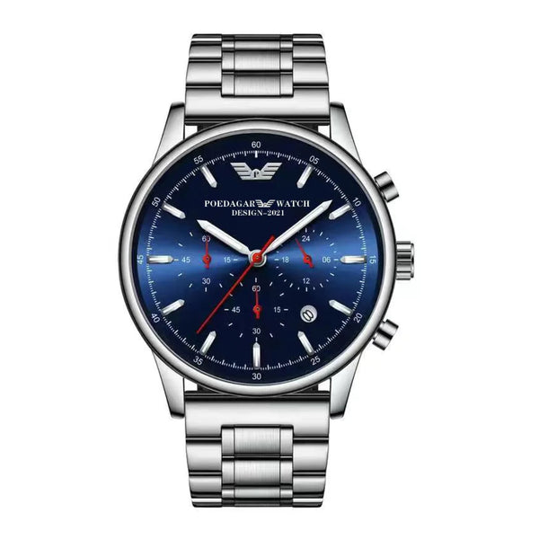 Poedagar Men’s Chronograph Silver Stainless Steel Blue Dial Watch - 638SLBUS
