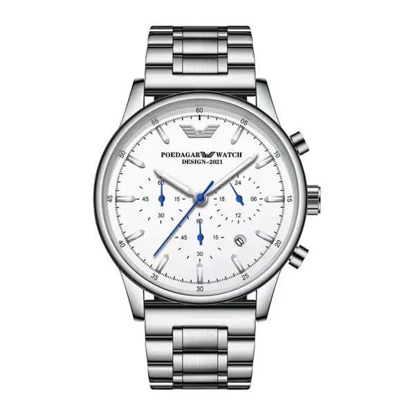 Poedagar Men’s Chronograph Silver Stainless Steel White Dial Watch - 638SLWHS