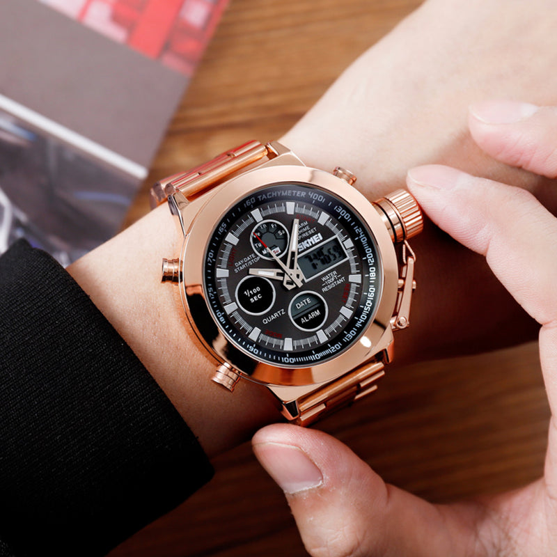 SKMEI Men’s Rose Gold Stainless Steel Analogue Digital Wristwatch 1515