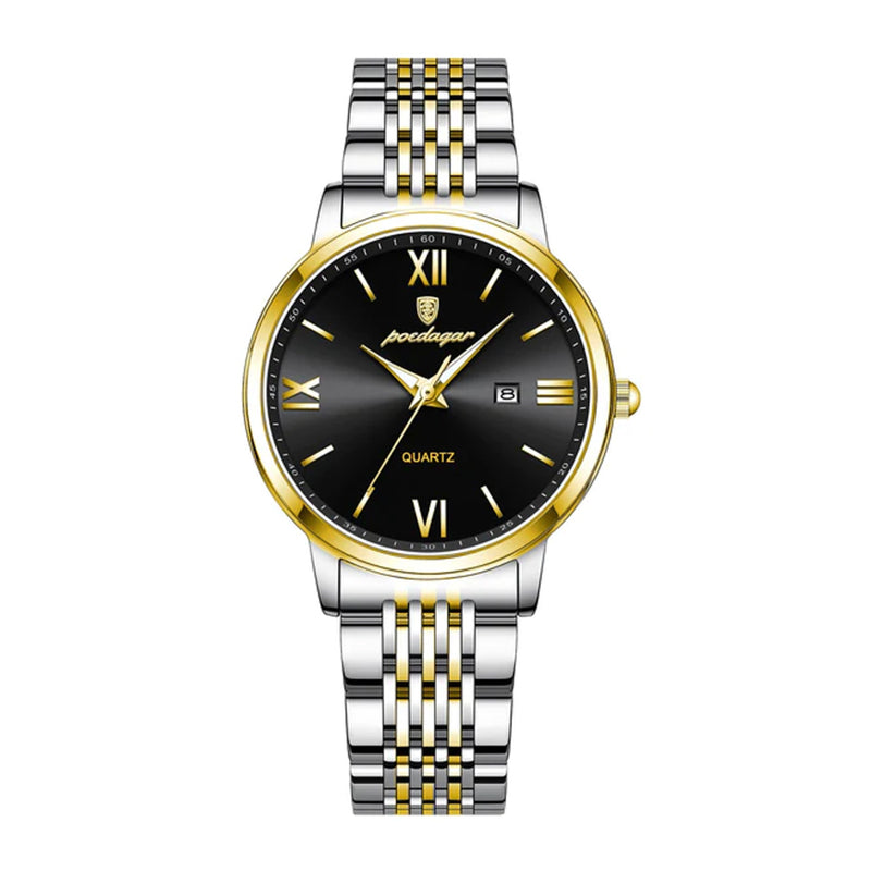 Poedagar Women’s Analog Quartz Two Tone Stainless Steel Black Dial Watch - 716GDBK