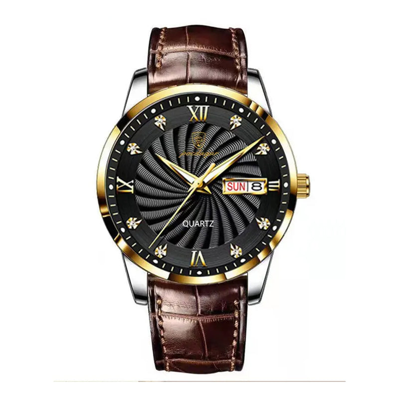 Poedagar Men’s Quartz Brown Leather Black Dial Watch - 827GDBKL
