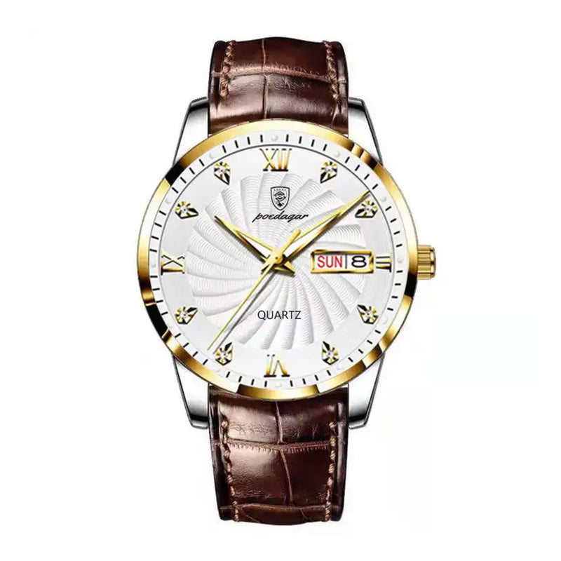 Poedagar Men’s Quartz Brown Leather White Dial Watch - 827GDWHL