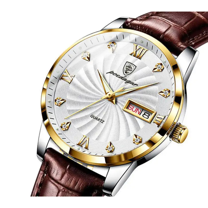 Poedagar Men’s Quartz Brown Leather White Dial Watch - 827GDWHL