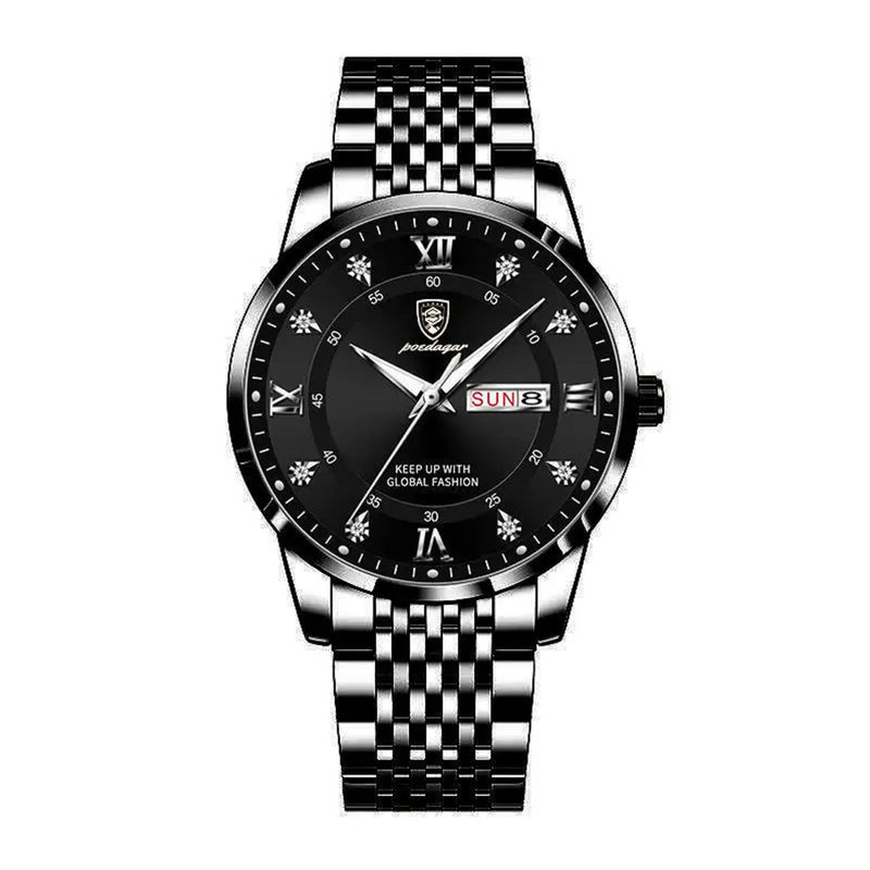 Poedagar Men's Black Stainless Steel Band Quartz Watch - 836BKBKS