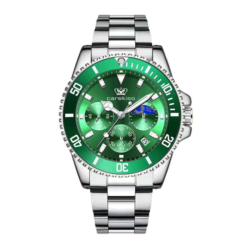 Poedagar Men's Quartz Silver Stainless Steel Band Green Dial Watch - 9028SLGNS