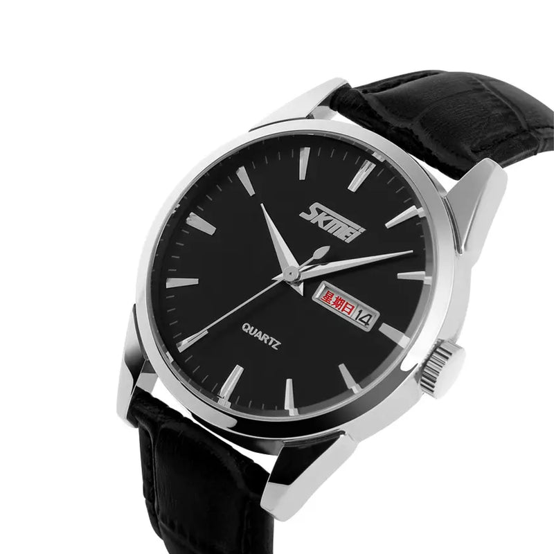 Skmei Men’s Genuine Black Leather Quartz Causal Watch - 9073