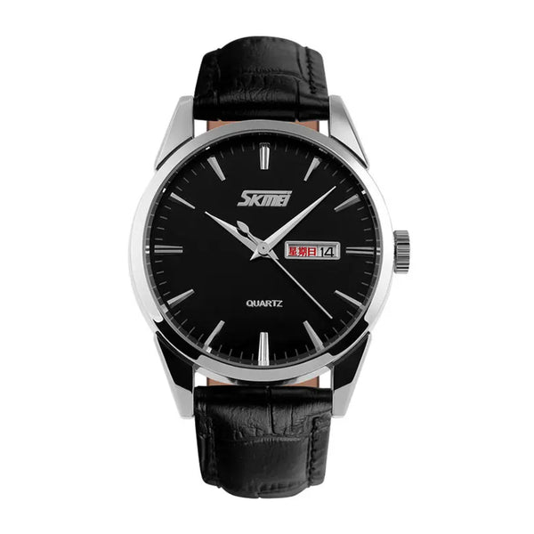 Skmei Men’s Genuine Black Leather Quartz Causal Watch - 9073