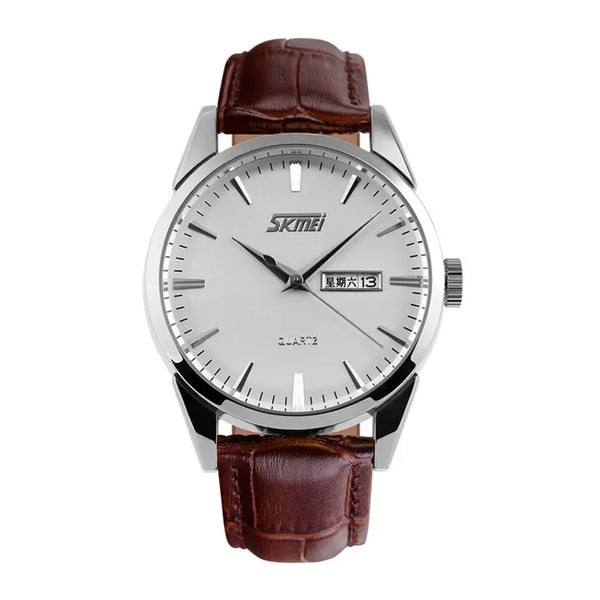 Skmei Men’s Genuine Brown Leather Quartz Causal Watch - 9073