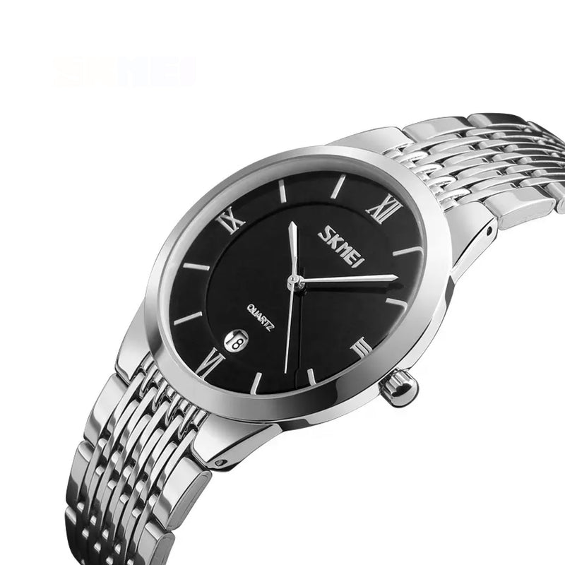 Skmei Men's Analog Quartz Silver Stainless Steel Band Black Dial Watch 9139