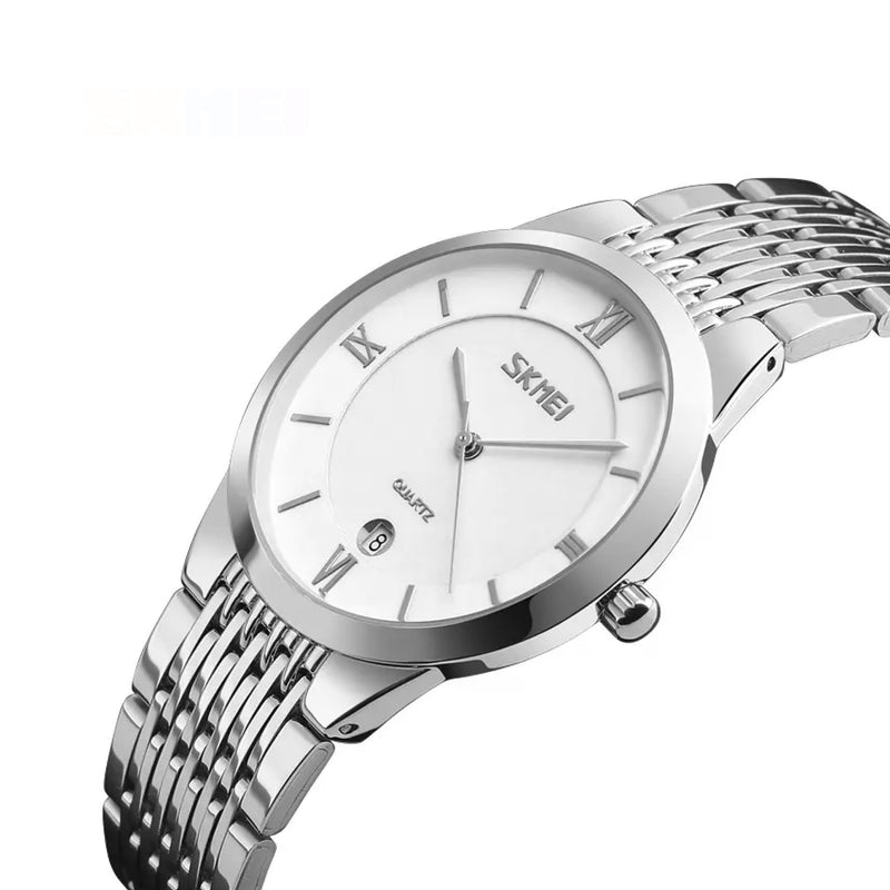 Skmei Men's Analog Quartz Silver Stainless Steel Band White Dial Watch 9139