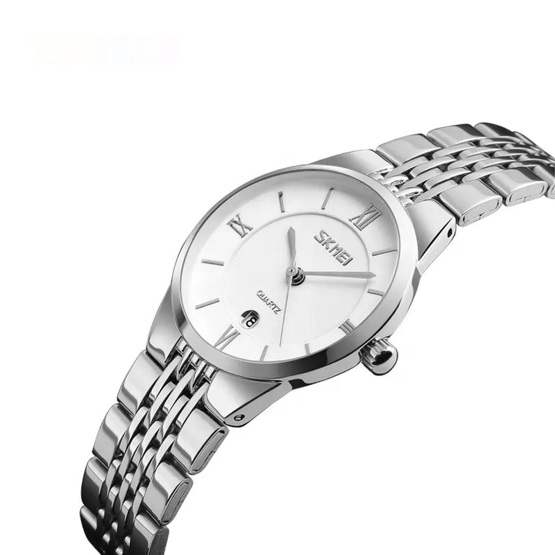 Skmei Women's Analog Quartz Silver Stainless Steel Band White Dial Watch 9139