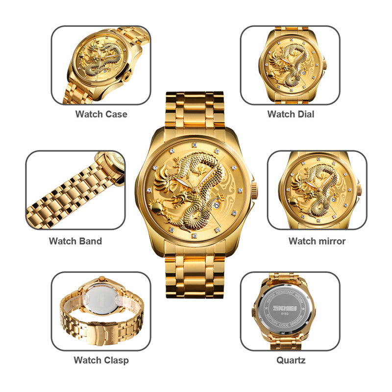 SKMEI Men's Water Resistant Analog Quartz Gold Dial Watch 9193