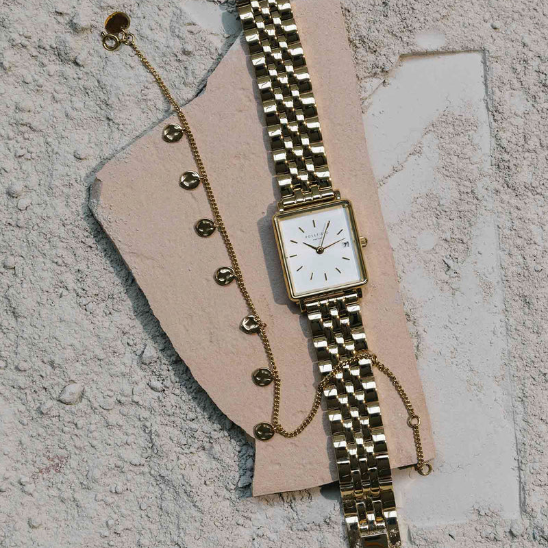 Rosefield The Boxy Xs White Steel and Multi Liquid Charms Bracelet Gold ladies Watch BMWLBG-X241