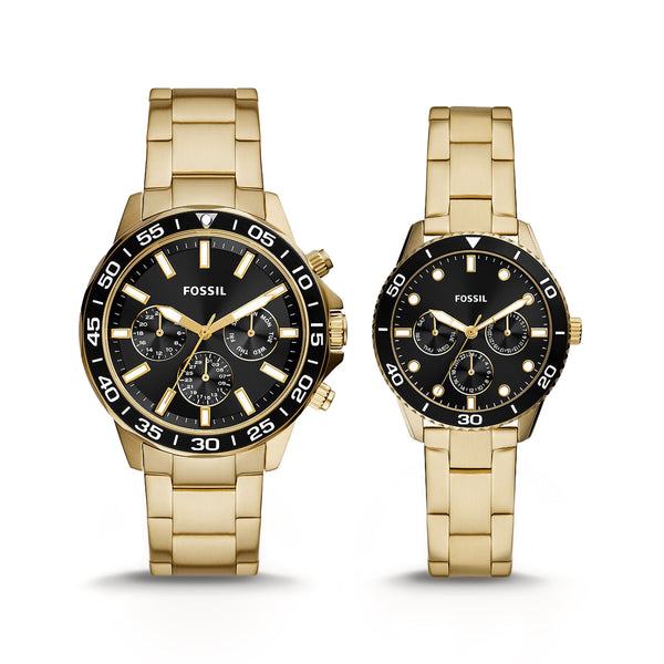 Fossil Couple His and Her Multifunction Gold-Tone Stainless Steel Watch Set BQ2643SET
