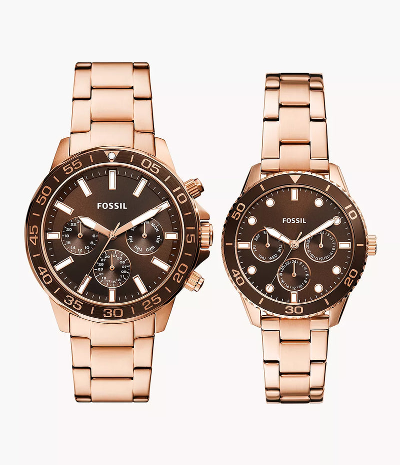 Fossil His and Hers Multifunction Rose Gold-Tone Stainless Steel Watch Box Set BQ2827SET
