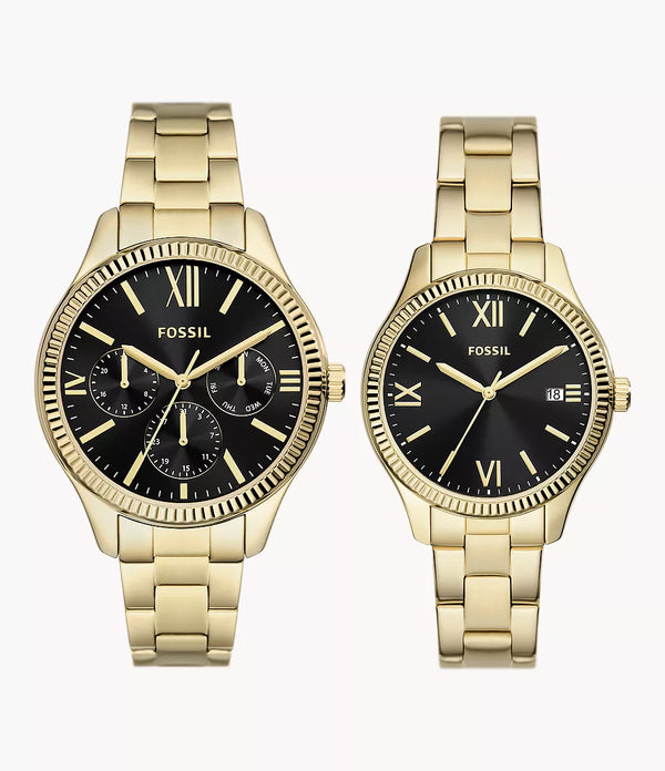 Fossil His and Hers Multifunction Gold-Tone Stainless Steel Watch Box Set BQ2829SET