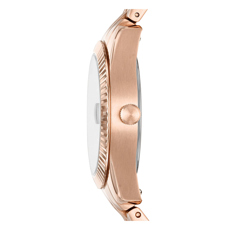 Fossil Womens Scarlette Mini Three-Hand Date Rose Gold-Tone Stainless Steel Watch ES4900