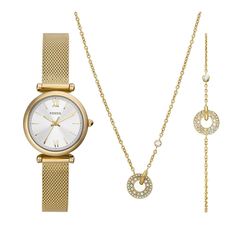 Fossil Women Carlie Three-Hand Gold-Tone Stainless Steel Mesh Watch and Jewelry Set ES5251SET