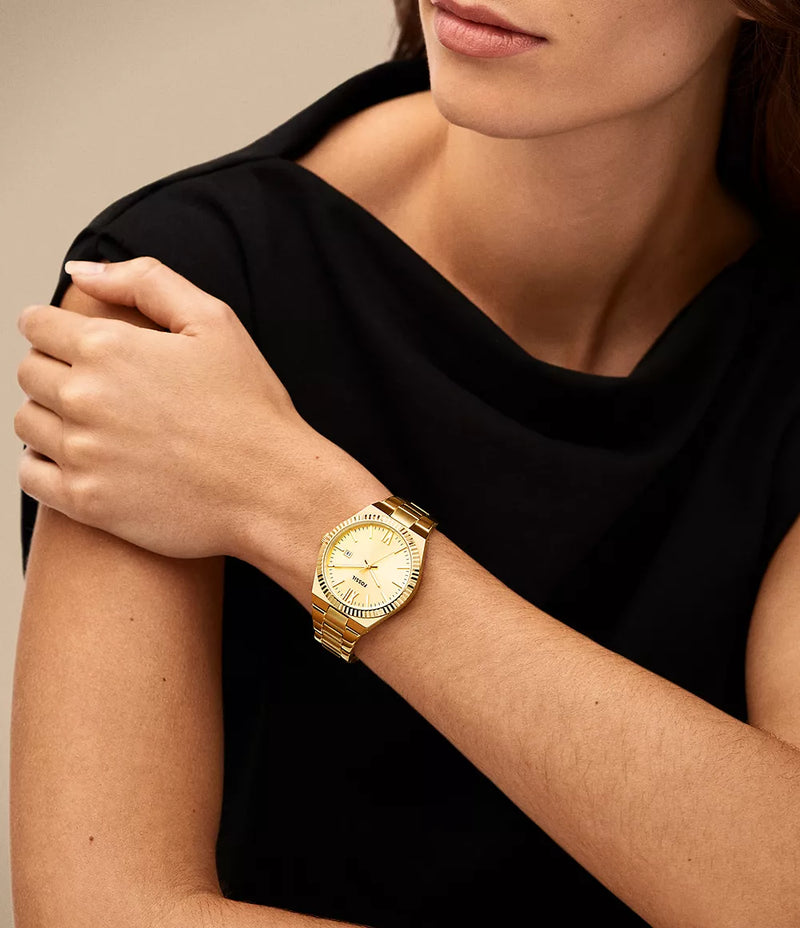 Fossil Women Scarlette Three-Hand Date Gold-Tone Stainless Steel Watch ES5299