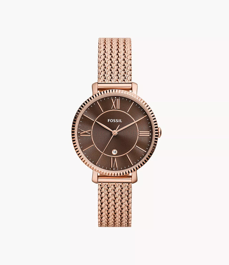Fossil Women Jacqueline Three-Hand Date Rose Gold-Tone Stainless Steel Mesh Watch ES5322