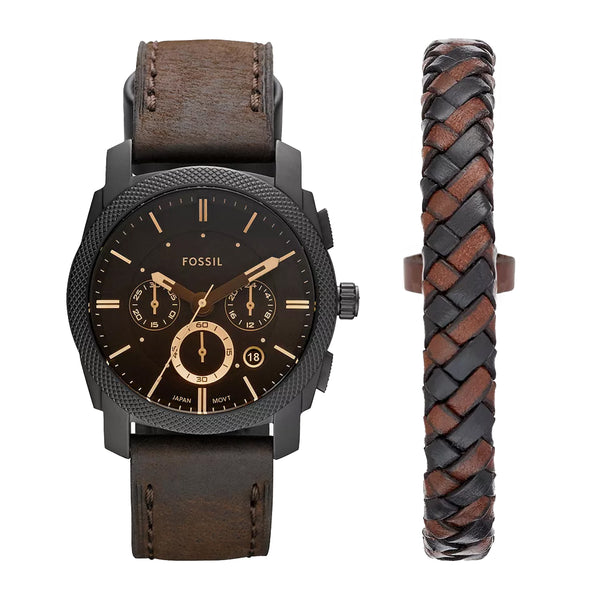 Fossil Machine Chronograph Dark Brown Leather Watch and Bracelet Box Set FS5251SET
