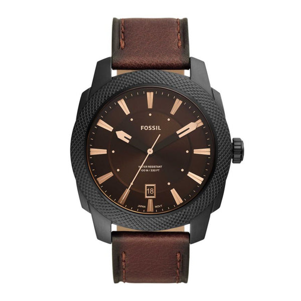Fossil Men Machine Three-Hand Date Dark Brown LiteHide™ Leather Watch FS5972