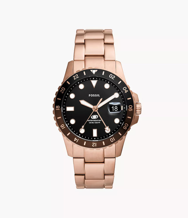 Fossil Men Fossil Blue GMT Rose Gold-Tone Stainless Steel Watch FS6027