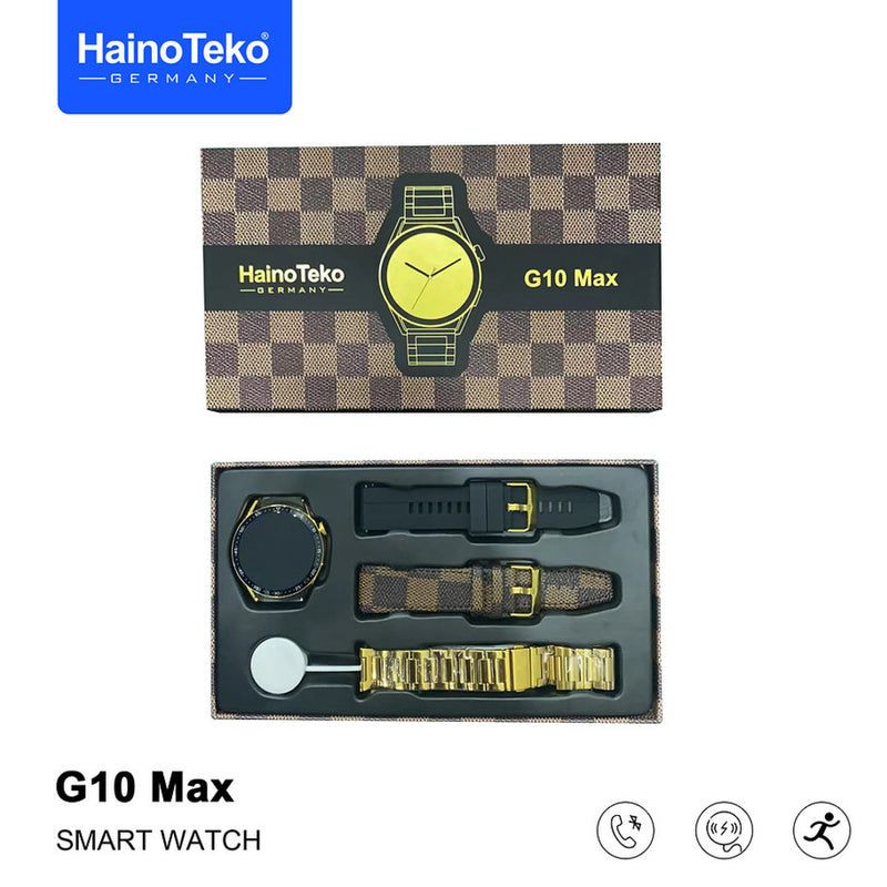 Haino Teko Germany G 10 Max Gold Edition Round Shape Smart with Three Set Strap and Wireless Charger For Men's and Boy's
