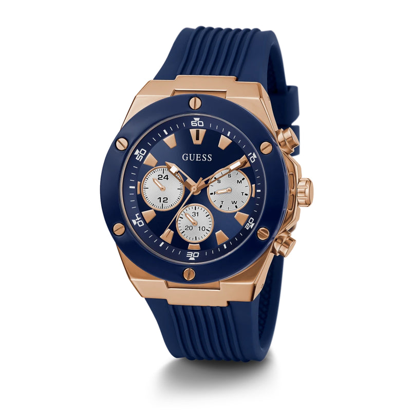 Guess Men’s Rose Gold Tone Case Blue Silicone Watch GW0057G2