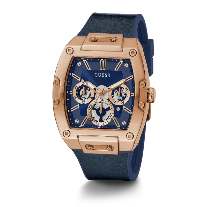 Gents rose gold tone clearance case blue silicone watch