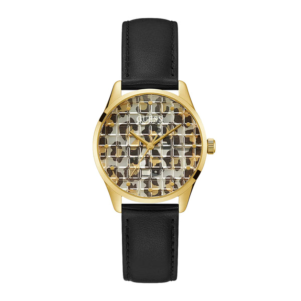 Guess Women’s Gold Tone Case Black Genuine Leather Watch GW0481L1