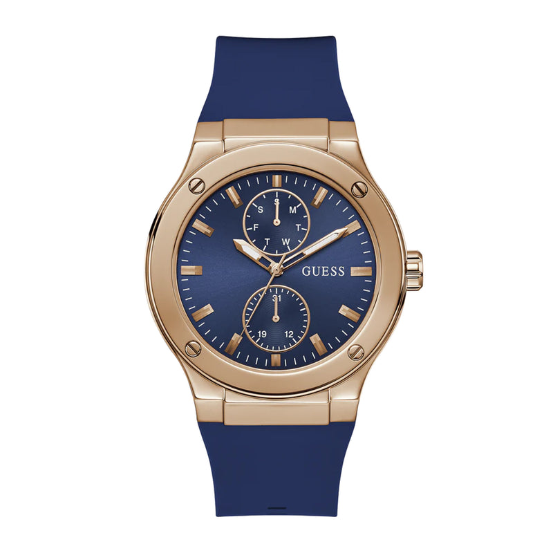 Guess Mens Blue Rose Gold Tone Multi-Function Blue Silicone Band Watch GW0491G4