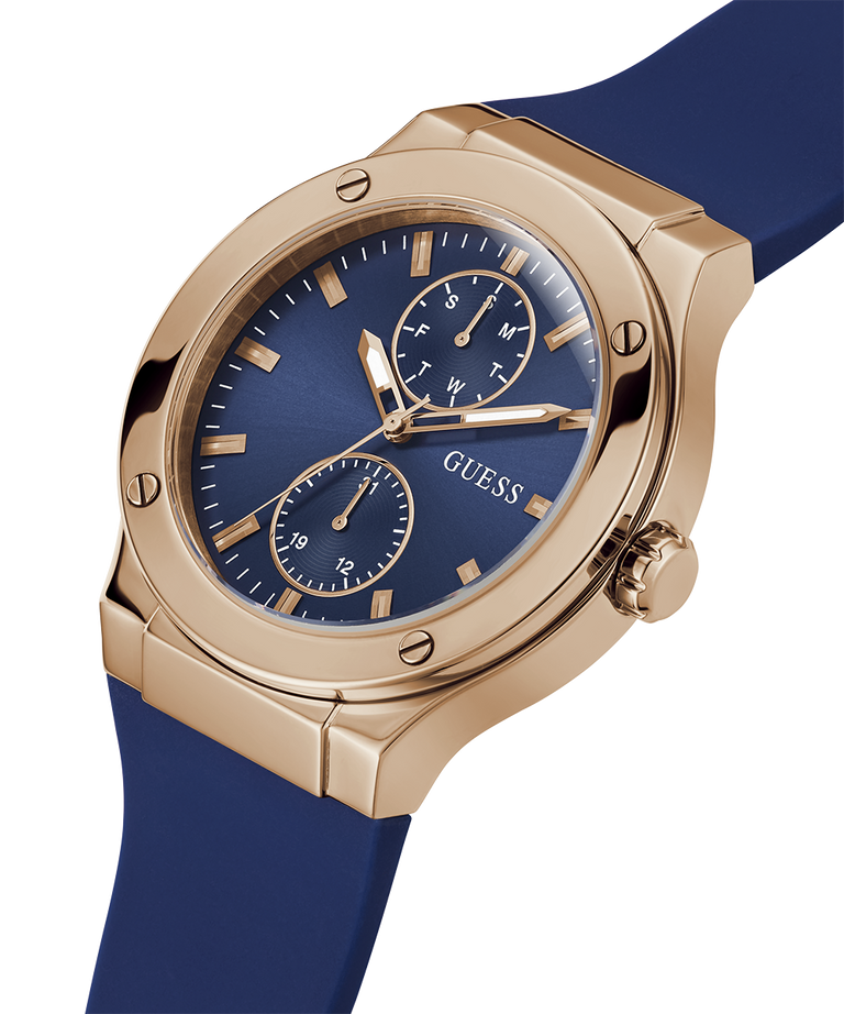 Guess Mens Blue Rose Gold Tone Multi-Function Blue Silicone Band Watch GW0491G4