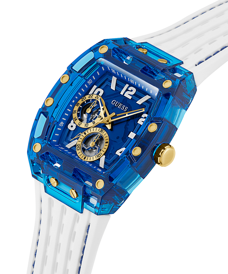 Guess Mens White Blue Multi-Function White Silicone Band Watch GW0499G6