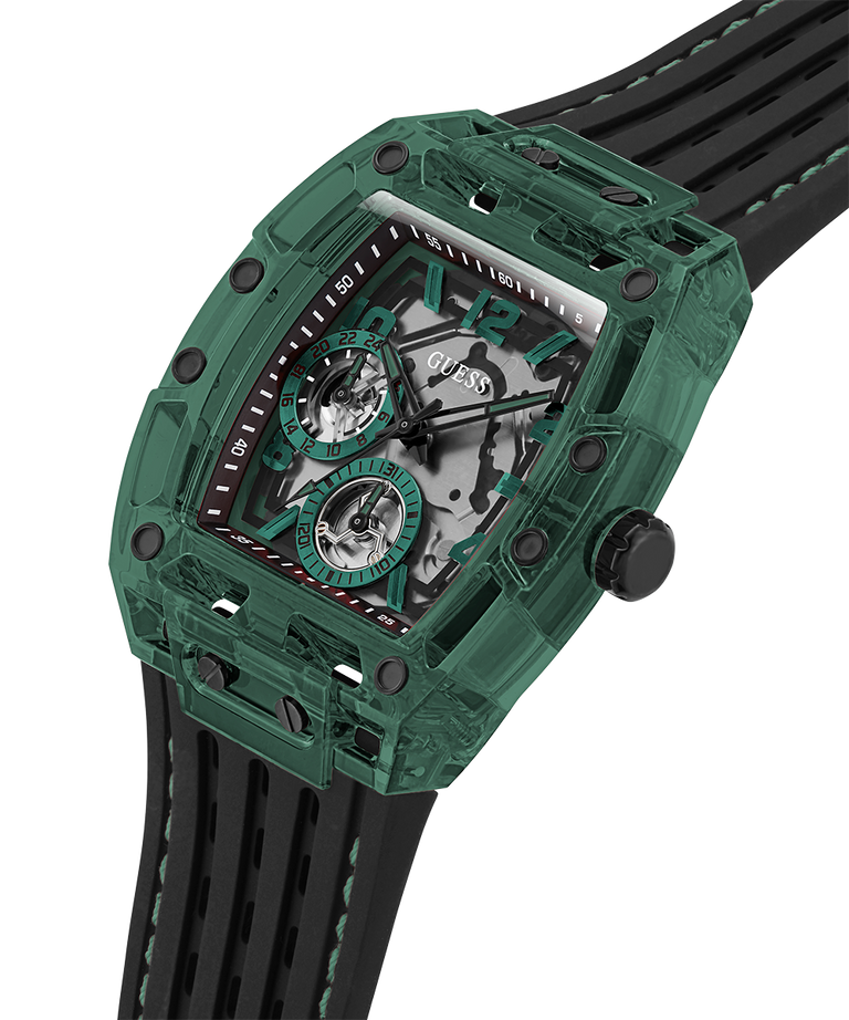 Guess Mens Black Green Multi-Function Black Silicone Band Watch GW0499G7