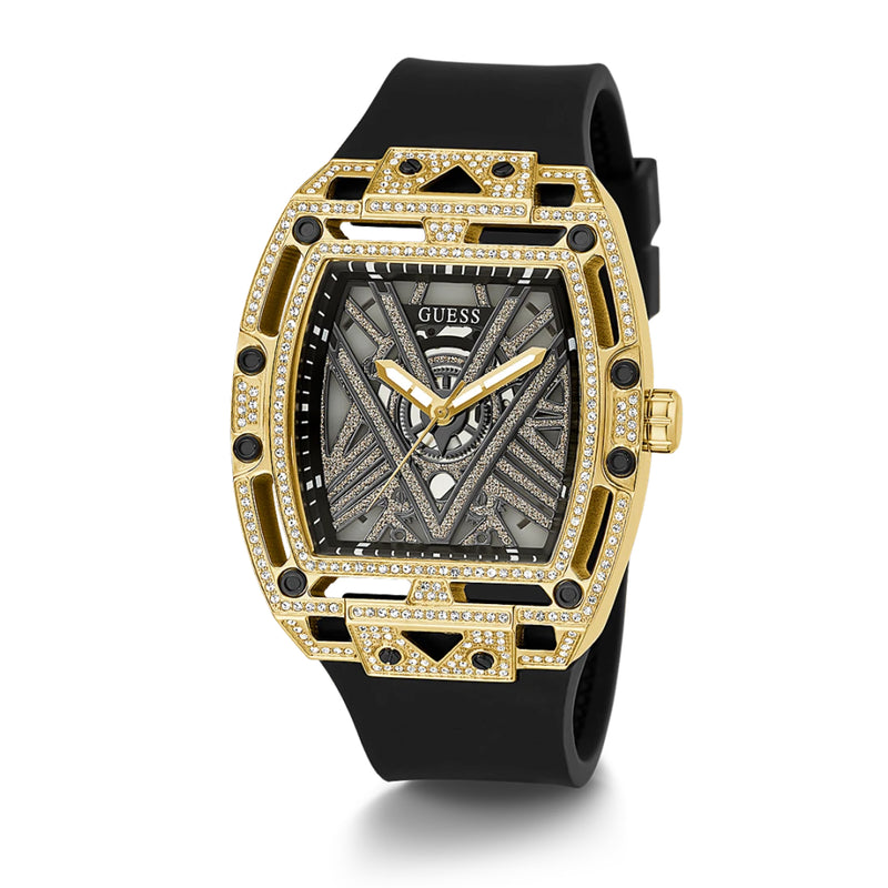 Guess Men’s Gold Tone Case Black Silicone Watch GW0564G1