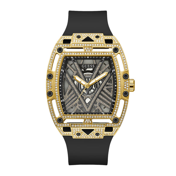 Guess Men’s Gold Tone Case Black Silicone Watch GW0564G1