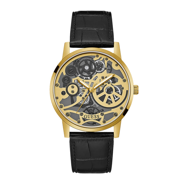 Guess Men’s Gold Tone Case Black Leather Watch GW0570G1