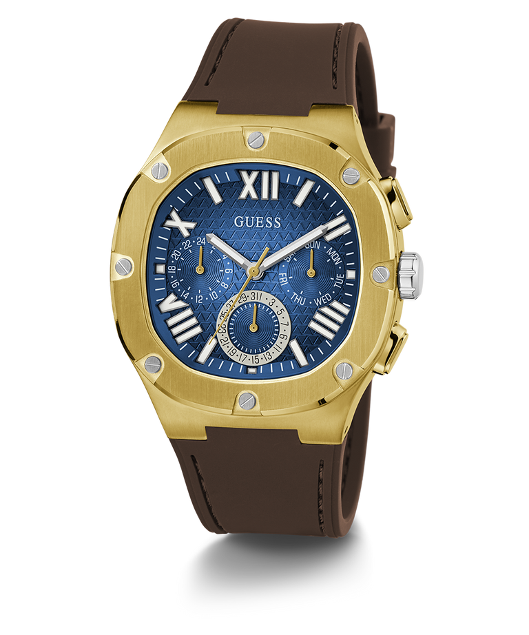 Guess Mens Brown Gold Tone Multi-Function Silicone Band Watch GW0571G5